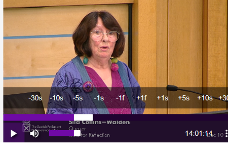 A woman stands before a microphone at the Scottish Parliament, delivering a speech