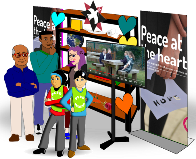 Illustrated picture of a diverse group of people around an exhibition with banners that read "Peace at the heart"