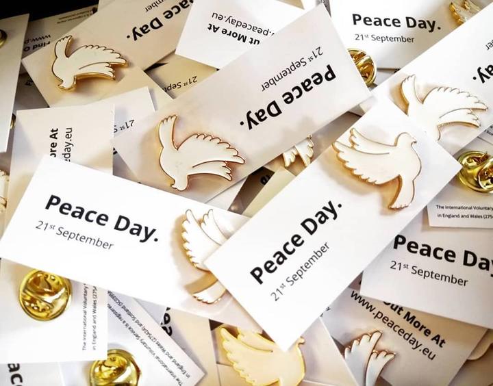 Peace pins produced by International Voluntary Service, available from Edinburgh Quaker Meeting House 